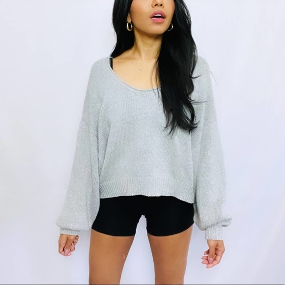 Free People | Grey 100% Cotton Cropped Oversized Drop Shoulder Sweater S - Picture 8 of 12